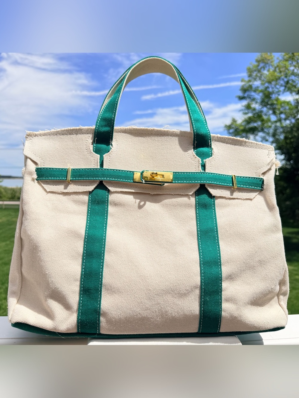 Luxor Canvas “Birkin” Tote Bag with Emerald Green Trim - Brand New